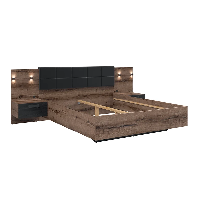 Lit 160x200 chevet LED et prise USB inclus Romane Bois