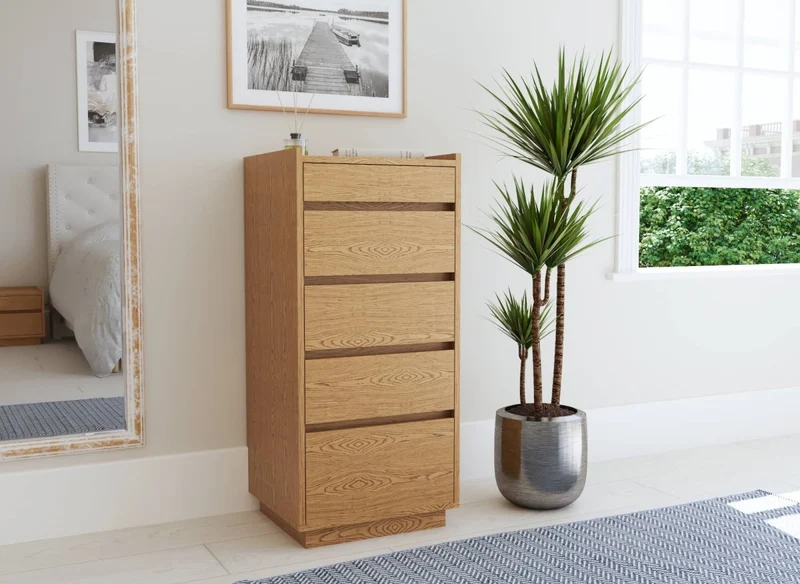 Commode 5 tiroirs en bois couleur chêne SACHA