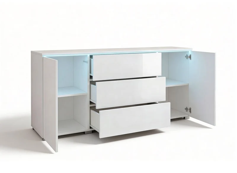 Buffet commode 2 portes 3 tiroirs blanc avec LED - ALEXIA