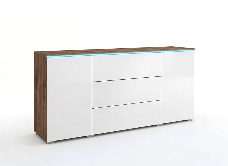 Buffet commode 2 portes 3 tiroirs chêne et blanc avec LED - ALEXIA