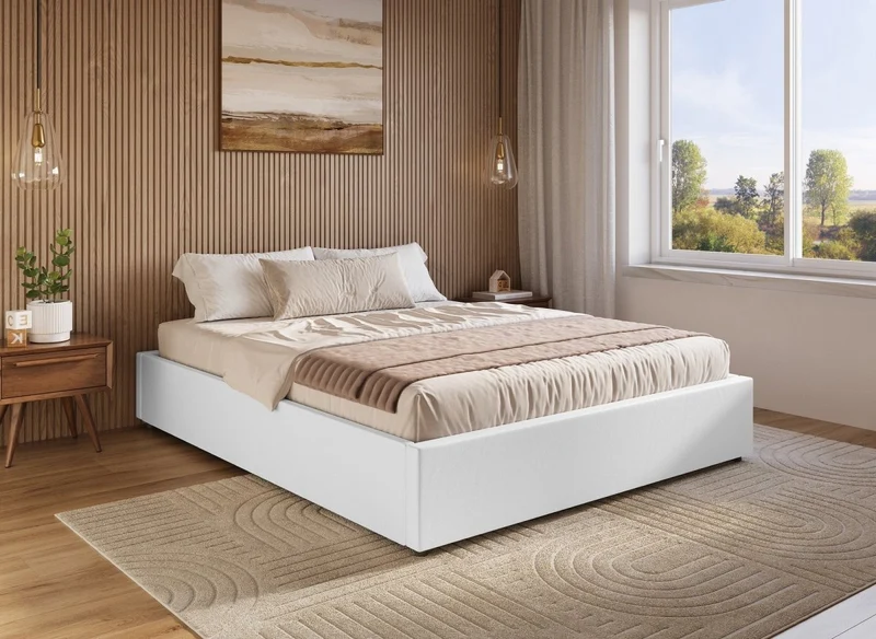 Lit sommier relevable avec coffre en simili cuir blanc 180x200 cm LIZBAN