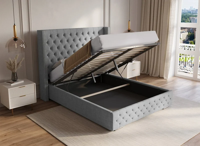 Lit coffre en tissu lin gris 180x200 cm MAXI