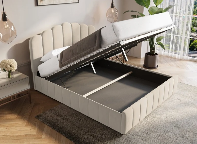 Lit coffre en velours beige 180x200 cm ELVIRA