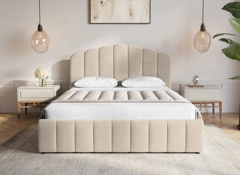 Lit coffre en velours beige 180x200 cm ELVIRA