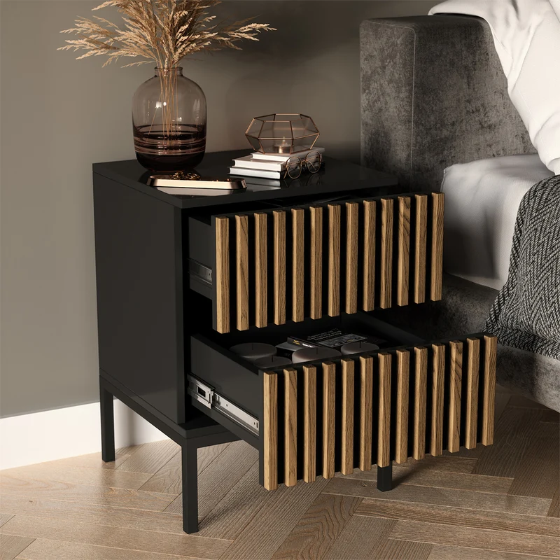 Chevet 2 tiroirs Melchior Noir et Bois