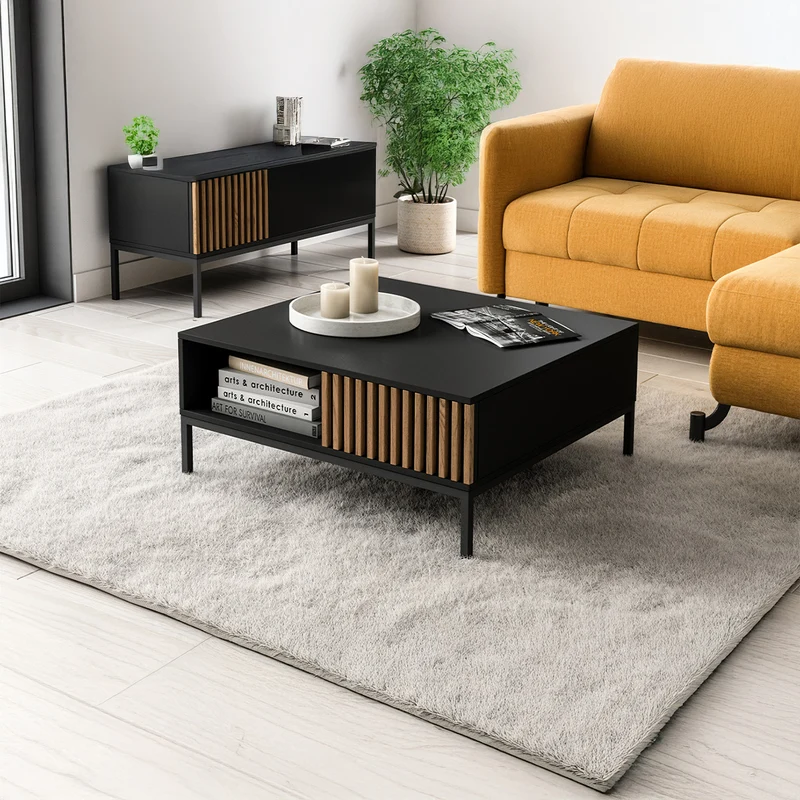 Table basse 1 tiroir 1 niche Melchior Noir et Bois