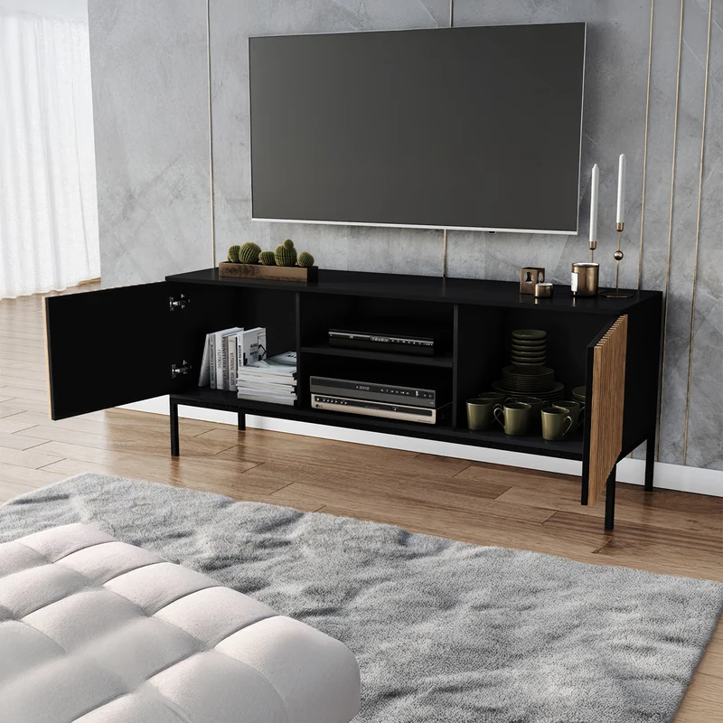 Meuble TV 150 cm 2 portes Melchior Noir et Bois