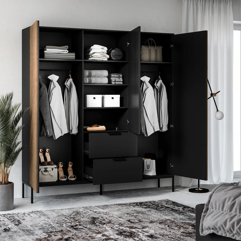 Armoire 3 portes 2 tiroirs Melchior Noir et Bois