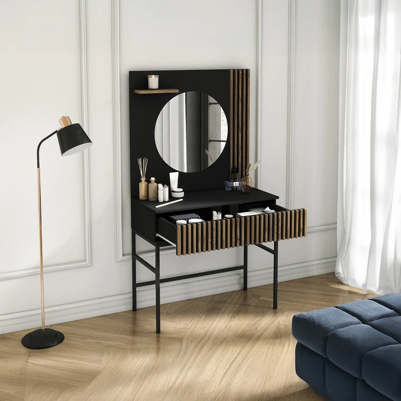 Coiffeuse murale 1 tiroir 1 miroir Melchior Noir et Bois