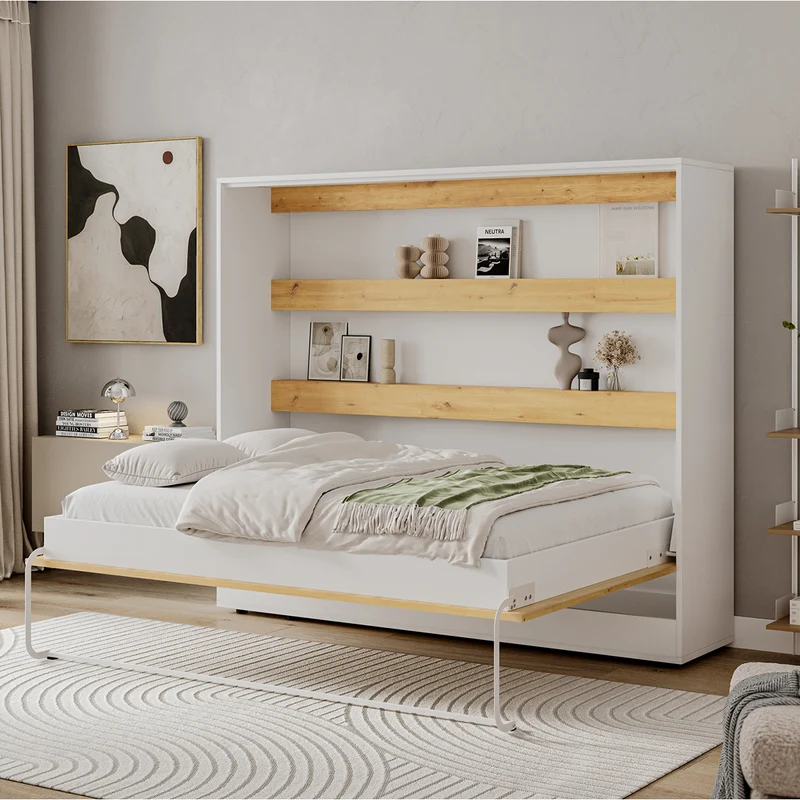 Lit escamotable 140x200 horizontal sommier inclus Devon Blanc et Bois