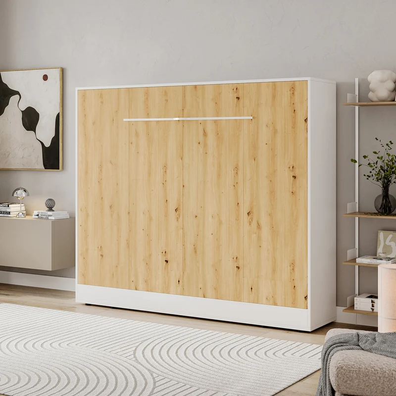 Lit escamotable 140x200 horizontal sommier inclus Devon Blanc et Bois