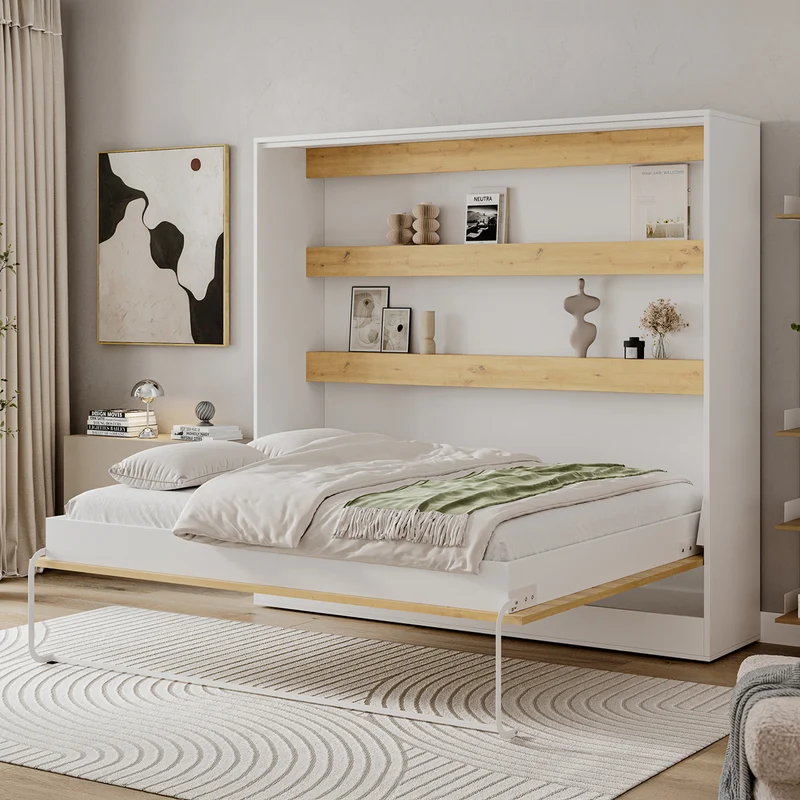 Lit escamotable 160x200 horizontal sommier inclus Devon Blanc et Bois