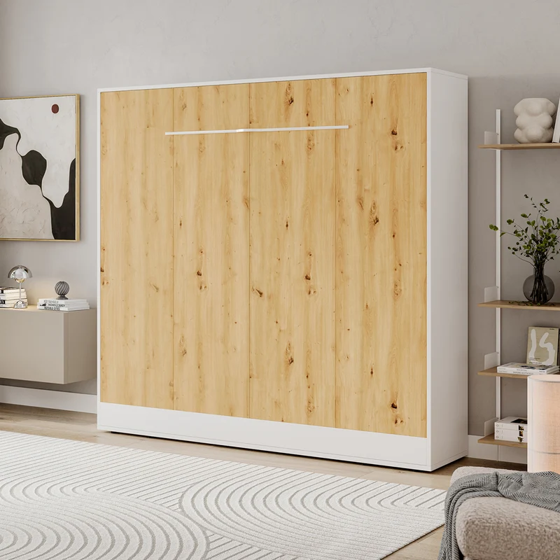 Lit escamotable 160x200 horizontal sommier inclus Devon Blanc et Bois