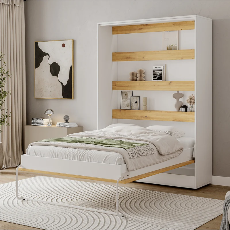 Lit escamotable 140x200 vertical sommier inclus Devon Blanc et Bois