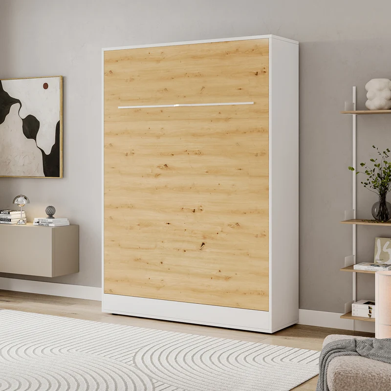 Lit escamotable 140x200 vertical sommier inclus Devon Blanc et Bois