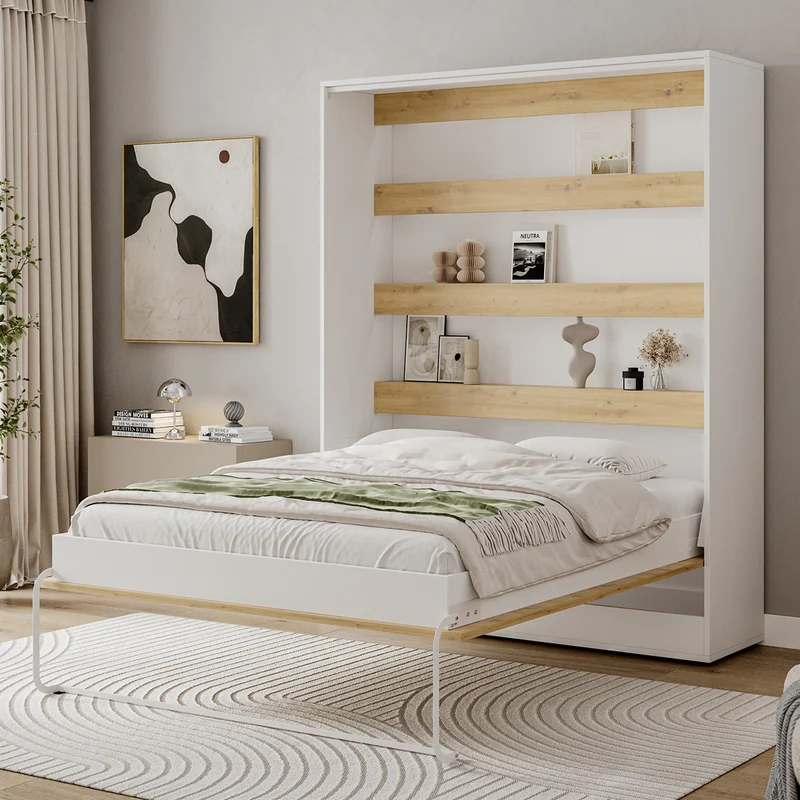 Lit escamotable 160x200 vertical sommier inclus Devon Blanc et Bois