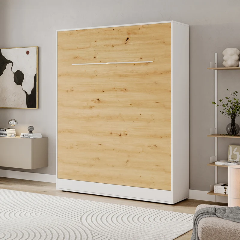 Lit escamotable 160x200 vertical sommier inclus Devon Blanc et Bois