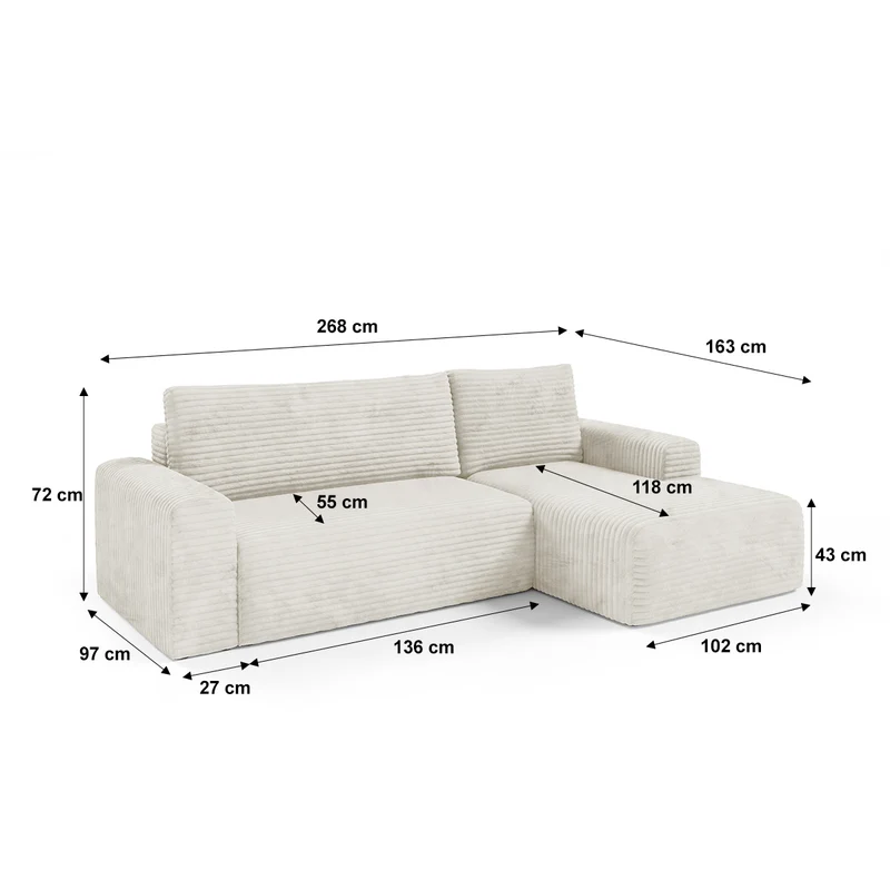 Canapé d'angle droit convertible 3 places avec coffre Romeo Blanc cassé