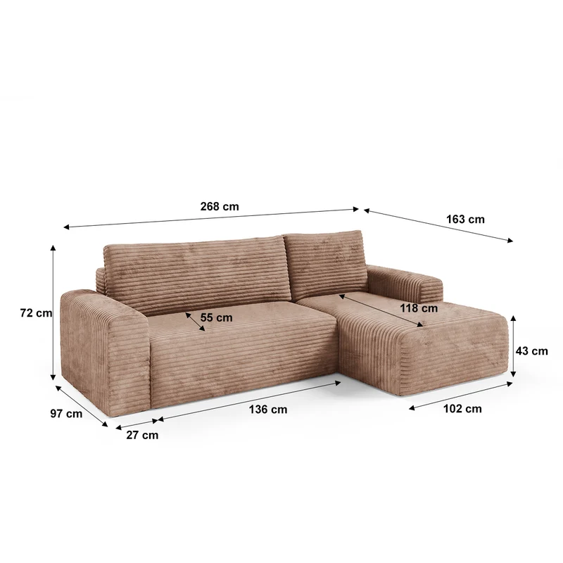 Canapé d'angle droit convertible 3 places avec coffre Romeo Marron clair