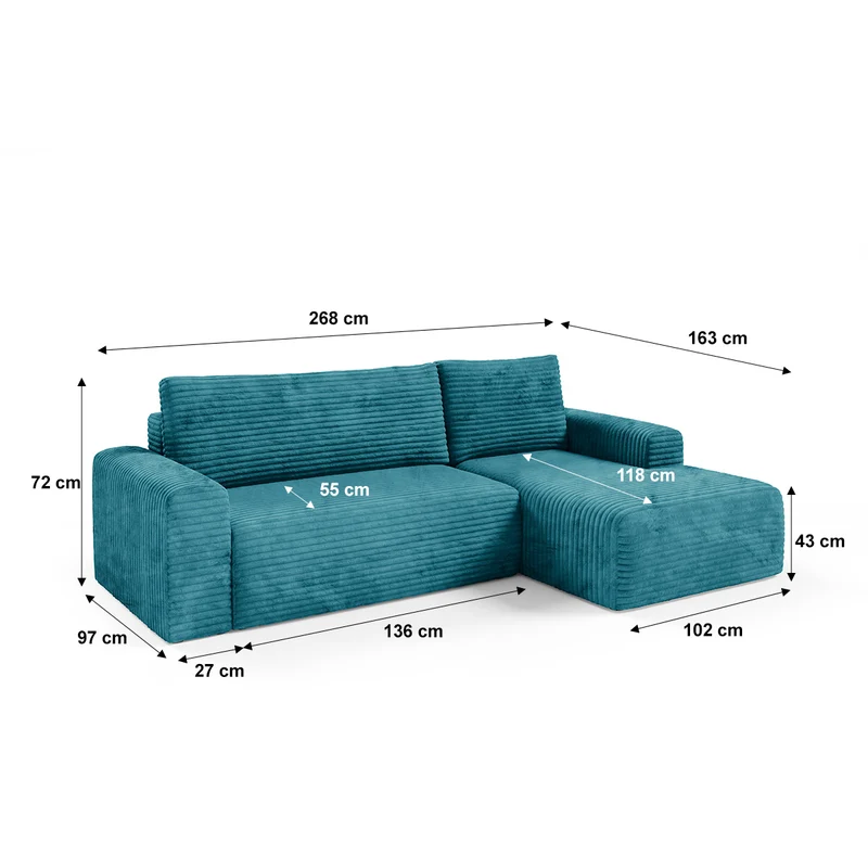 Canapé d'angle droit convertible 3 places avec coffre Romeo Bleu