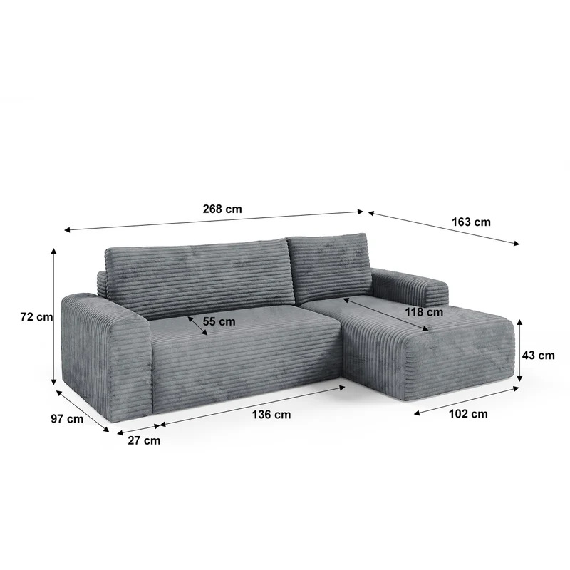 Canapé d'angle droit convertible 3 places avec coffre Romeo Gris foncé