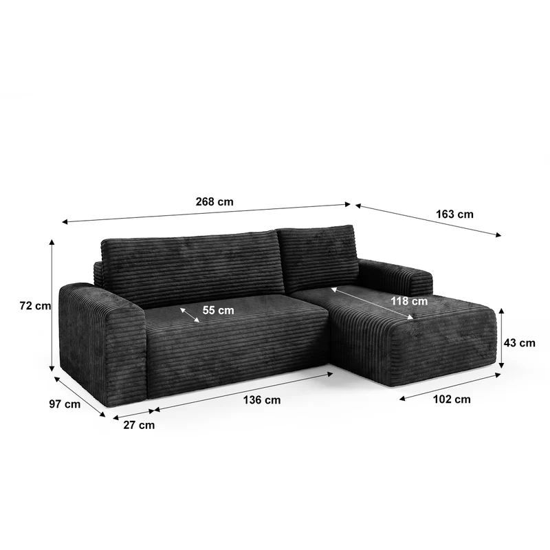 Canapé d'angle droit convertible 3 places avec coffre Romeo Noir