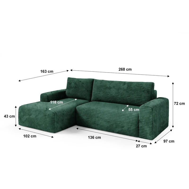 Canapé d'angle gauche convertible 3 places avec coffre Romeo Vert sapin