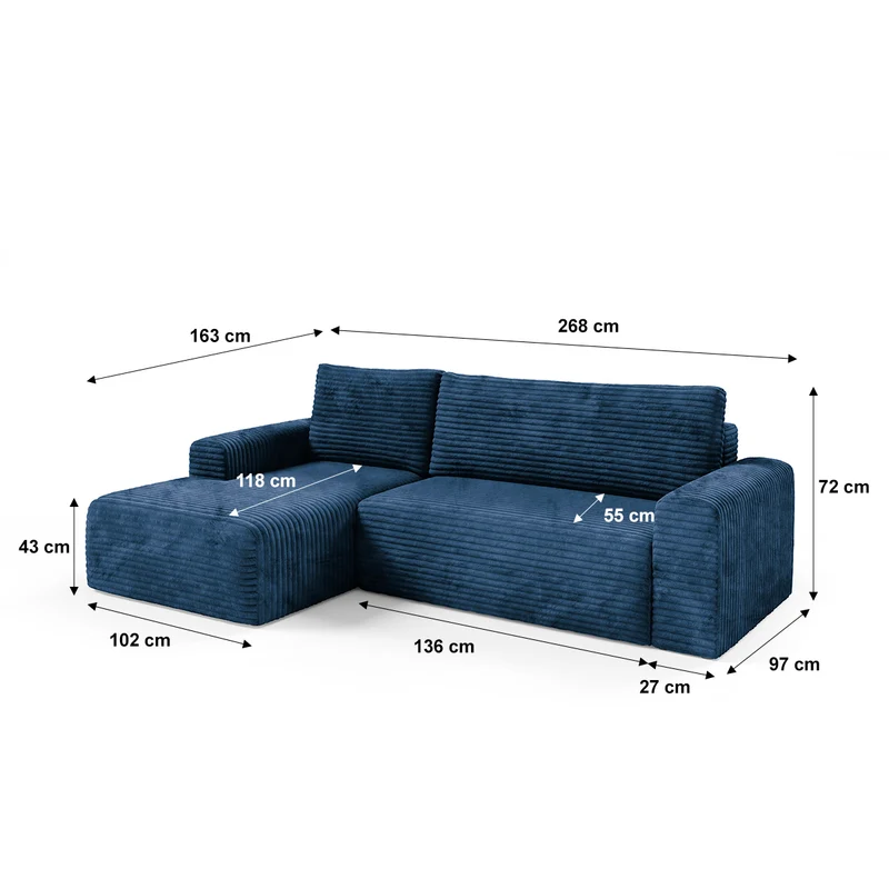 Canapé d'angle gauche convertible 3 places avec coffre Romeo Bleu foncé