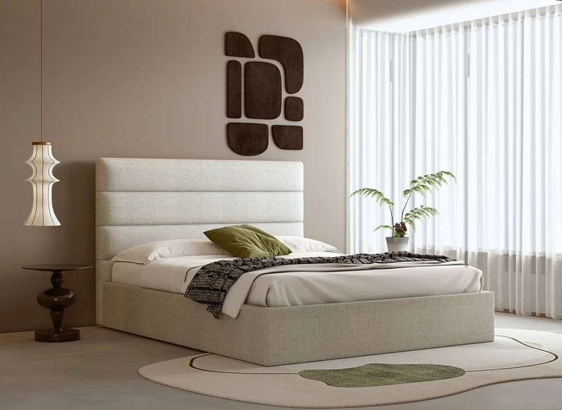 Lit coffre en tissu lin beige 160 x 200 cm SHANNA