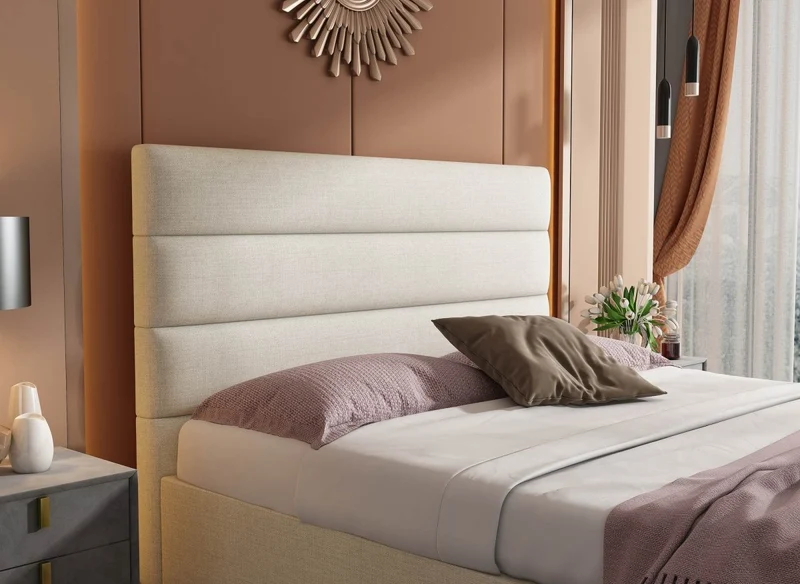 Lit coffre en tissu lin beige 140 x 190 cm SHANNA