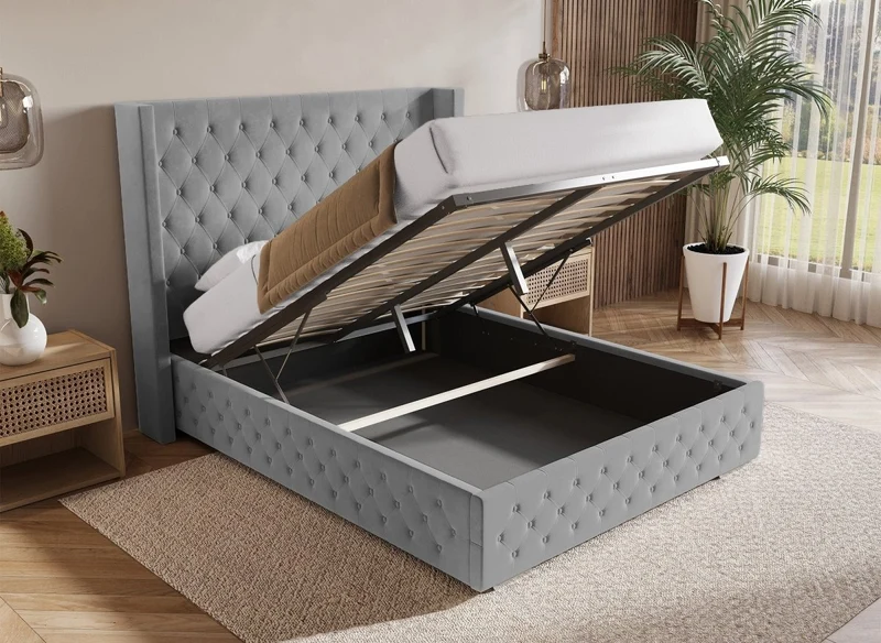Lit coffre en velours gris 180X200 cm PERLA