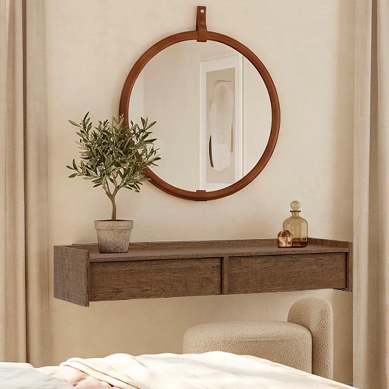 Console coiffeuse murale 2 tiroirs Japandi Bois foncé