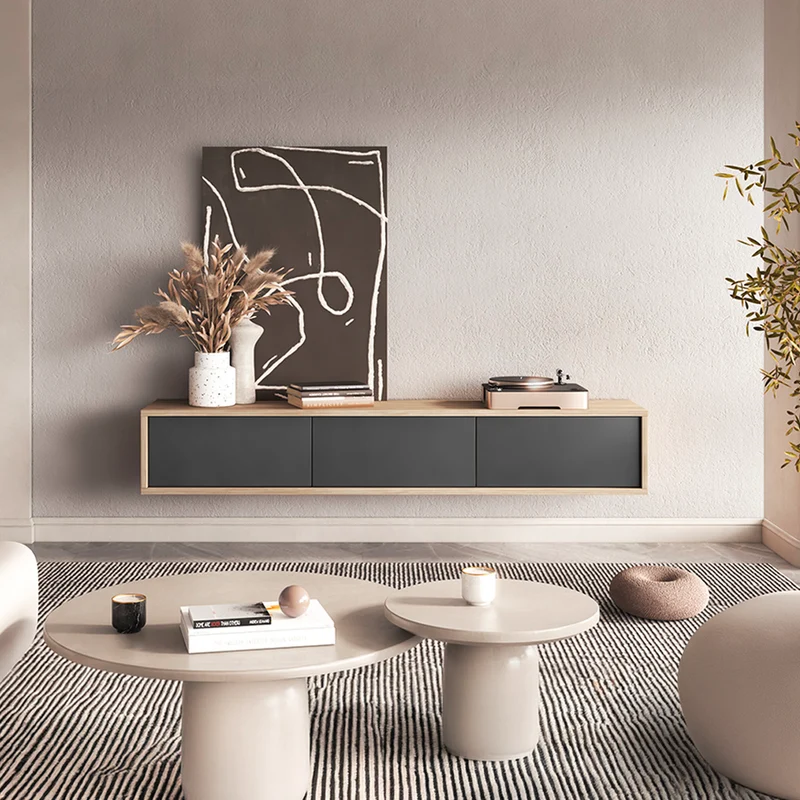 Meuble TV mural 3 portes 180 cm Idra Bois et Gris