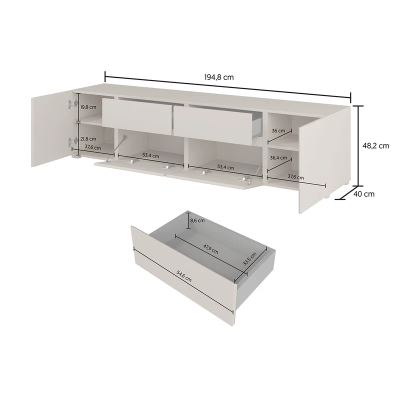 Meuble TV 4 portes 2 tiroirs 195 cm Maxis Cachemire