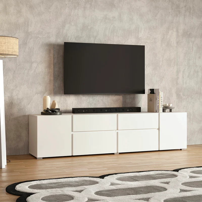 Meuble TV 4 portes 2 tiroirs 195 cm Maxis Blanc