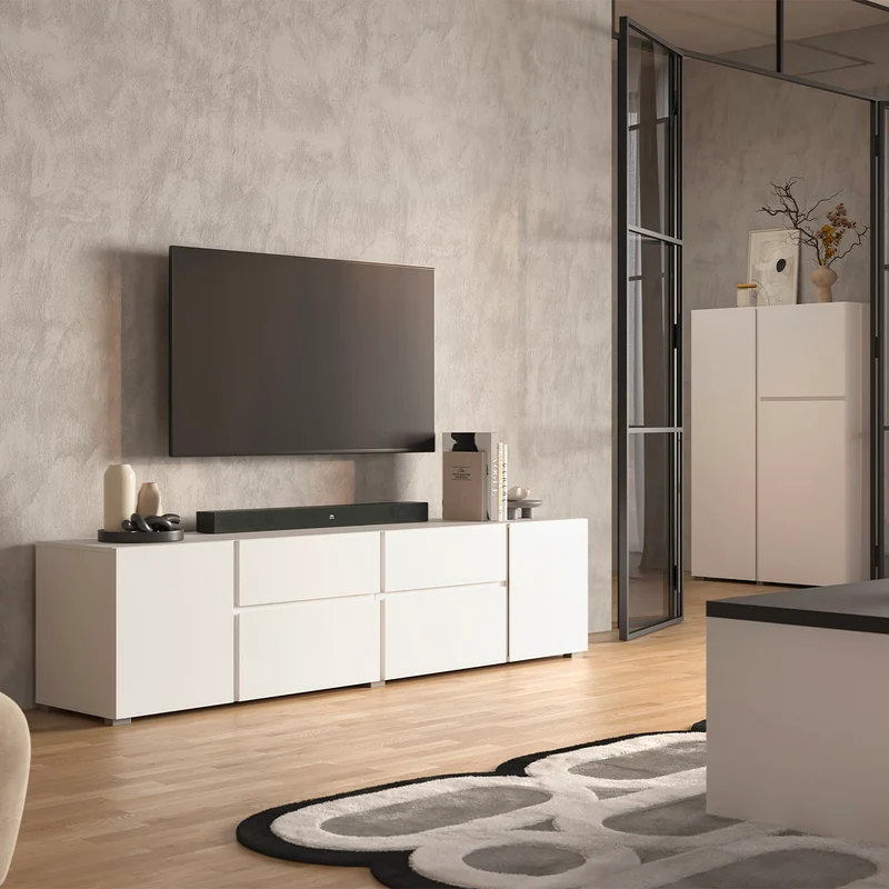Meuble TV 4 portes 2 tiroirs 195 cm Maxis Blanc