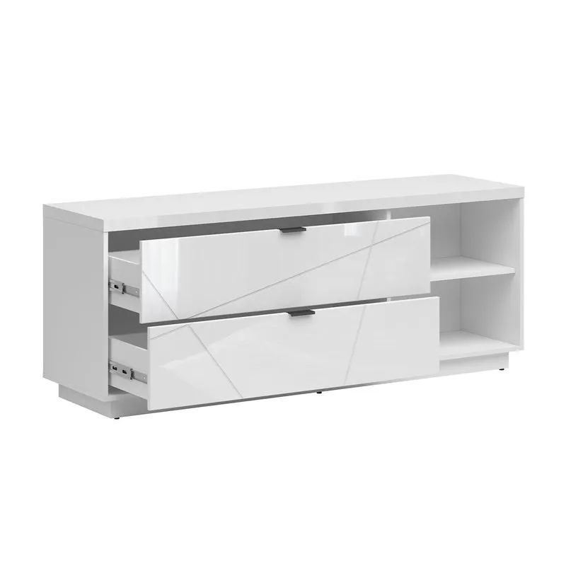 Meuble TV 2 tiroirs 2 niches 156 cm Sven Blanc