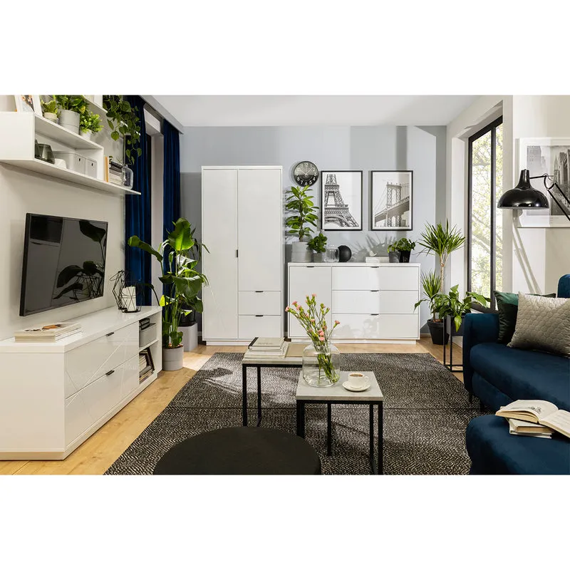 Meuble TV 2 tiroirs 2 niches 156 cm Sven Blanc