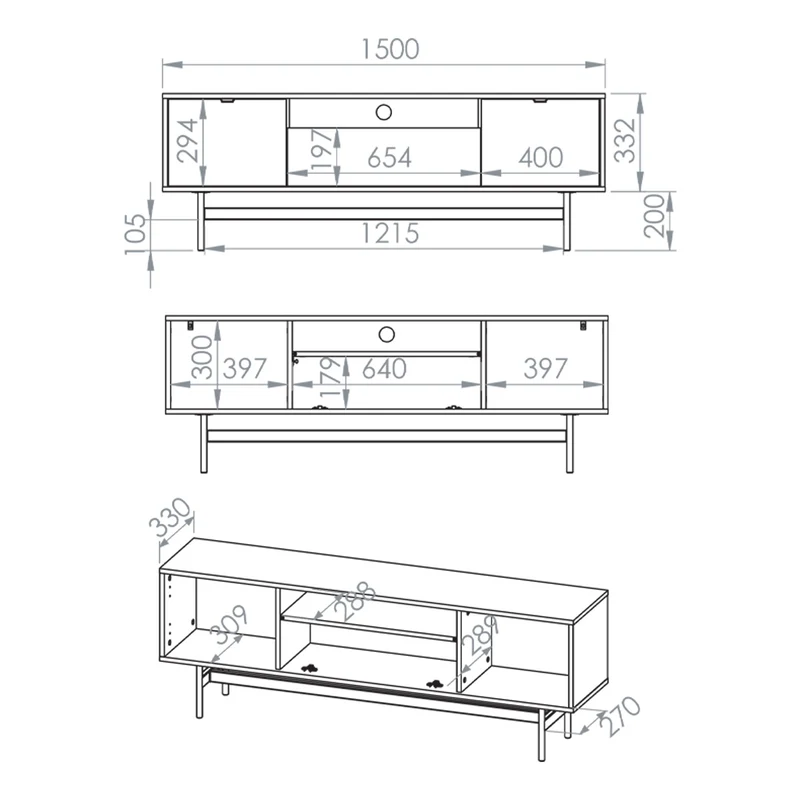 Meuble TV 3 portes 150 cm Nila Bois