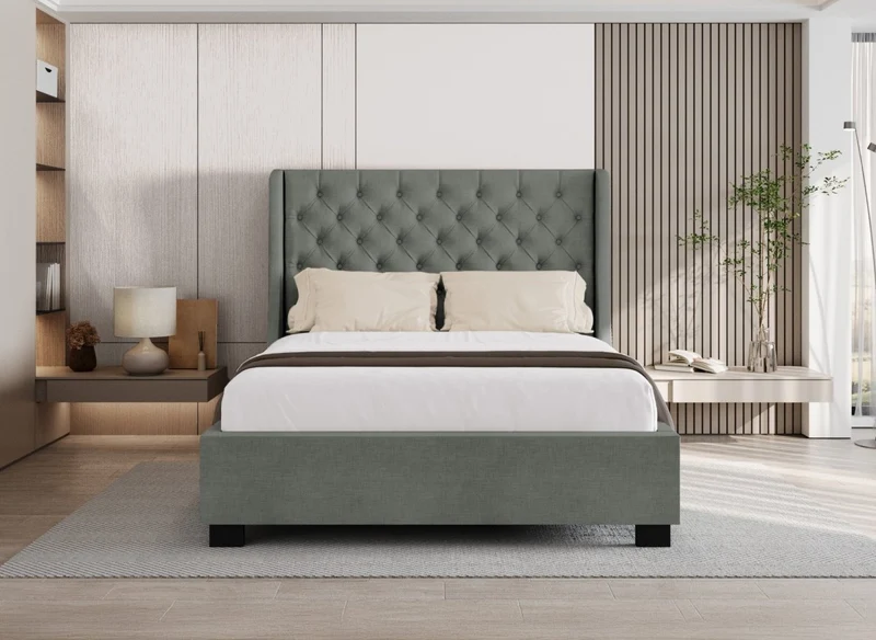 Lit coffre capitonné en tissu lin gris FLORINE 140 x 190 cm