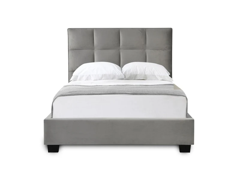 Lit coffre en velours gris design CAROLINE 140 x 190 cm
