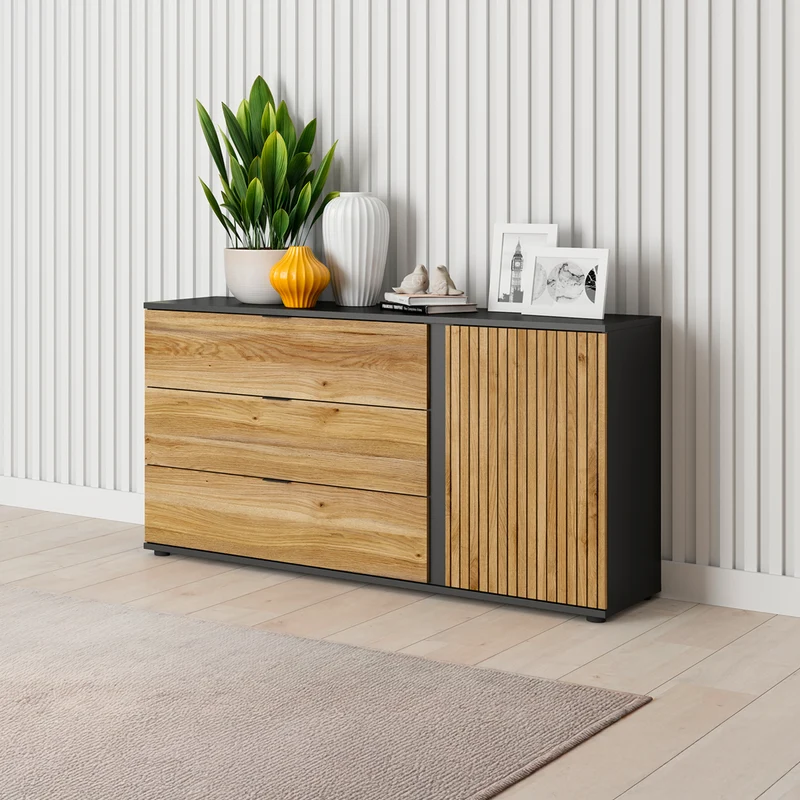 Buffet 3 tiroirs 1 porte Pia Noir et Bois