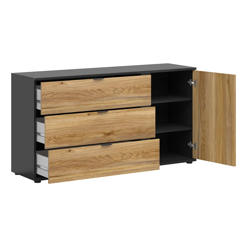 Buffet 3 tiroirs 1 porte Pia Noir et Bois