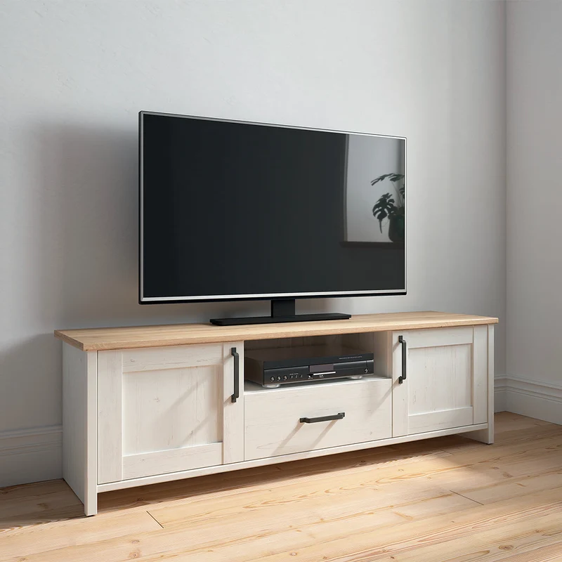 Meuble TV 2 portes 1 tiroir 160 cm Aksel Blanc et Bois