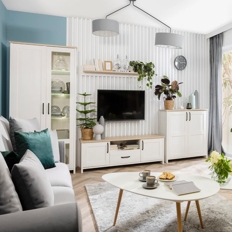 Meuble TV 2 portes 1 tiroir 160 cm Aksel Blanc et Bois