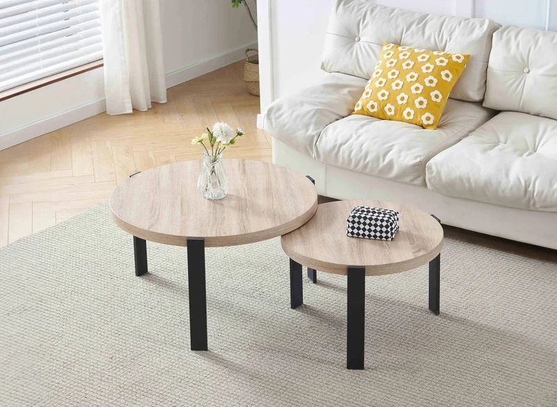 Lot de 2 tables basses rondes gigognes en bois et pieds métal noir TIYA