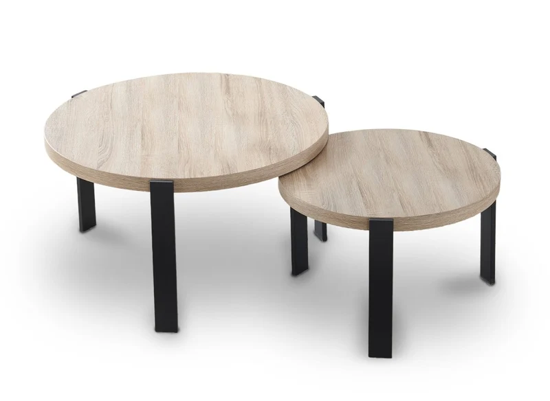 Lot de 2 tables basses rondes gigognes en bois et pieds métal noir TIYA