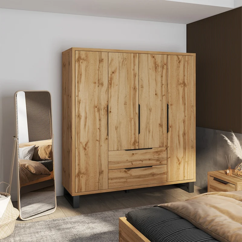 Armoire 4 portes 2 tiroirs Eden Bois et Noir