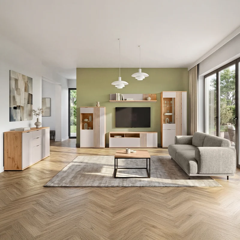 Meuble TV 1 porte 1 tiroir 135 cm Ezra Cachemire et Bois