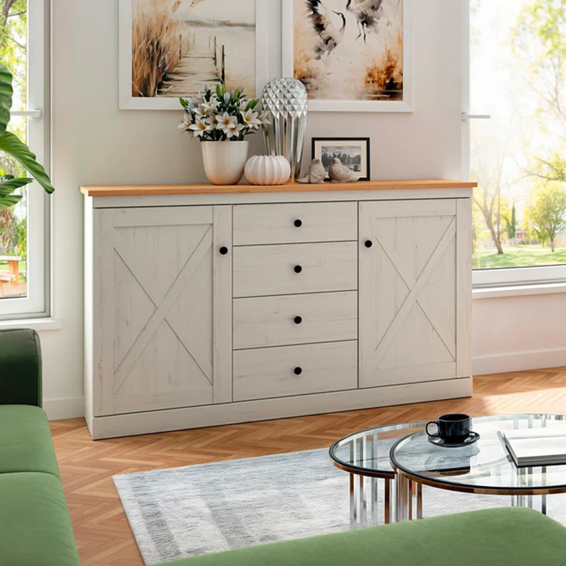 Buffet 2 portes 4 tiroirs Victoria Blanc et Bois